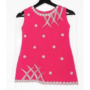 Vintage Brisa Hot Pink Sleeveless Top Silver Metallic Embroidered Floral Size 10